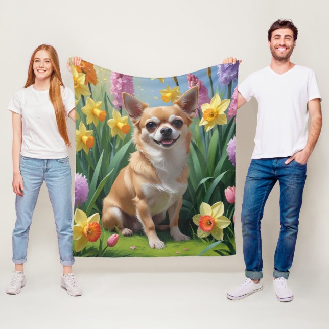 Chihuahua Dog Spring Flowers Painting Fleece Blanket (In Situ)