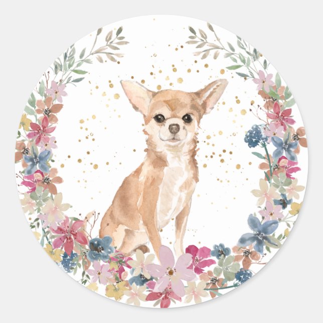 Chihuahua Dog Spring Flowers Wreath Classic Round Sticker (Front)