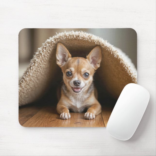 Chihuahua Dog Under a Beige Rug Mouse Mat (With Mouse)
