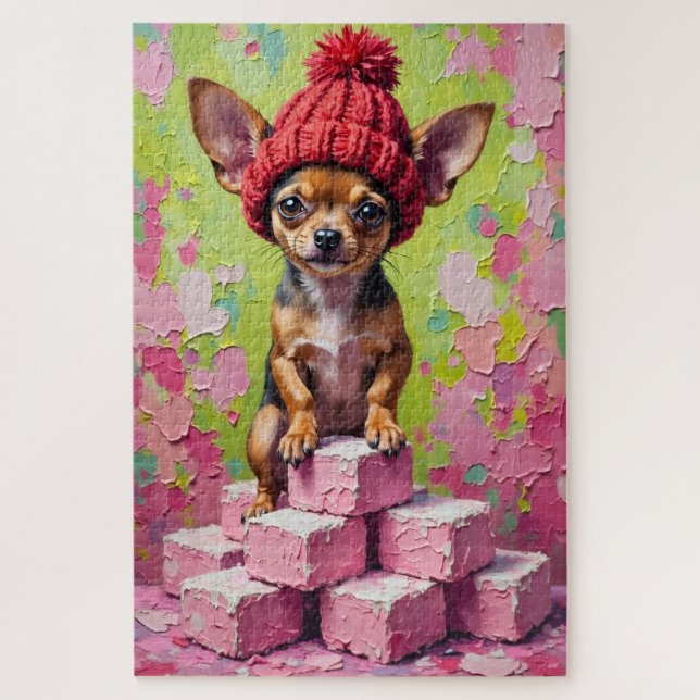 Chihuahua Dog Valentine's Day Heart Beanie Jigsaw Puzzle (Vertical)