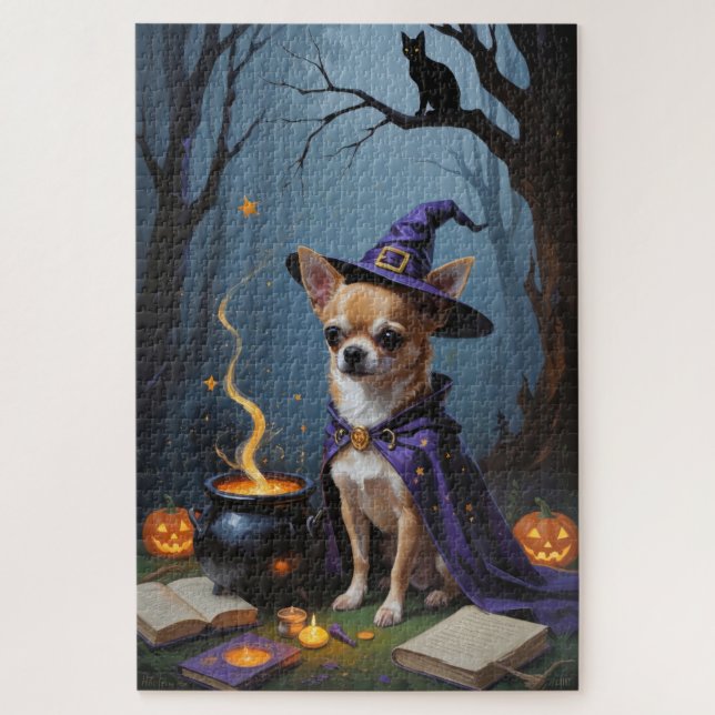 Chihuahua Dog Whimsical Halloween Painting Jigsaw Puzzle (Vertical)