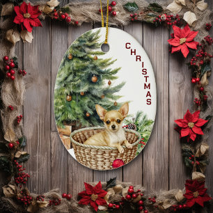 Chihuahua Dog Wicker Basket Christmas Ceramic Tree Decoration