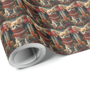 Chihuahua Dog With Christmas Gifts Fireplace Wrapping Paper