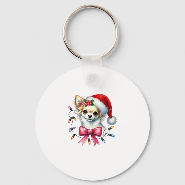 Chihuahua Dog With Coquette Bow Christmas Matching Key Ring (Front)