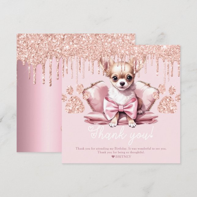 Chihuahua Dog with Glitter Birthday Party Thank You Card (Front/Back)