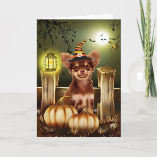 Chihuahua Dog with Witch Hat Halloween Gift Idea Card (Front)