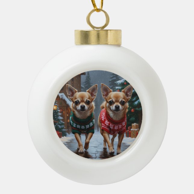 Chihuahua Dogs Christmas Snow Holiday Ceramic Ball Christmas Ornament (Front)