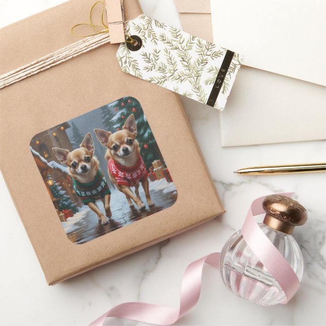 Chihuahua Dogs Christmas Snow Holiday Square Sticker (Gifting)