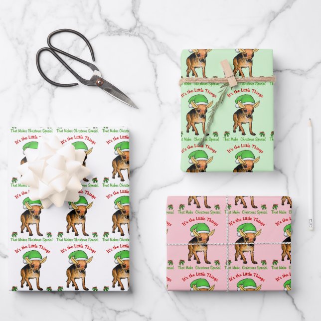 Chihuahua Elf Christmas Wrapping Paper Sheet (Front)