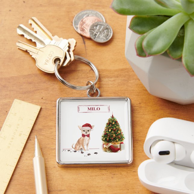 Chihuahua Funny Christmas Dog with Tree Key Ring (Desk)