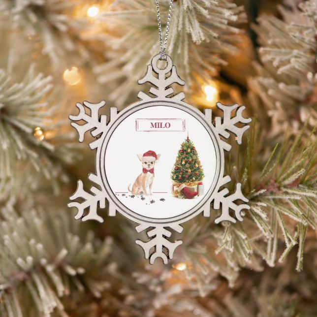 Chihuahua Funny Christmas Dog with Tree Snowflake Pewter Christmas Ornament (Tree)