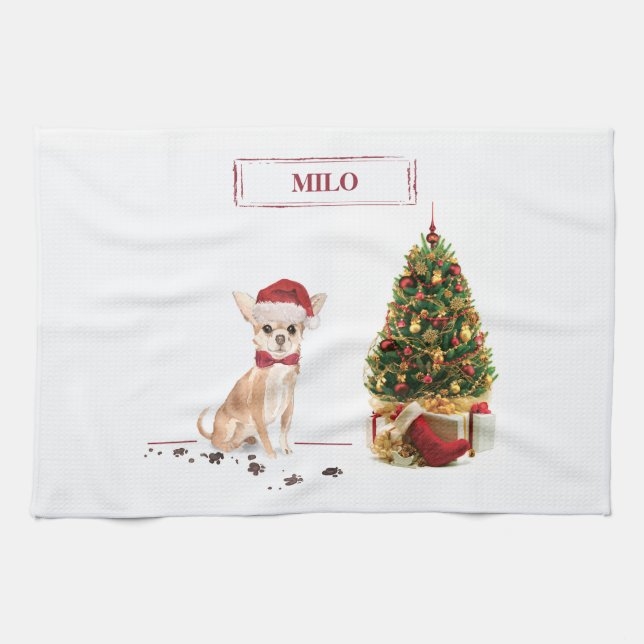 Chihuahua Funny Christmas Dog with Tree Tea Towel (Horizontal)