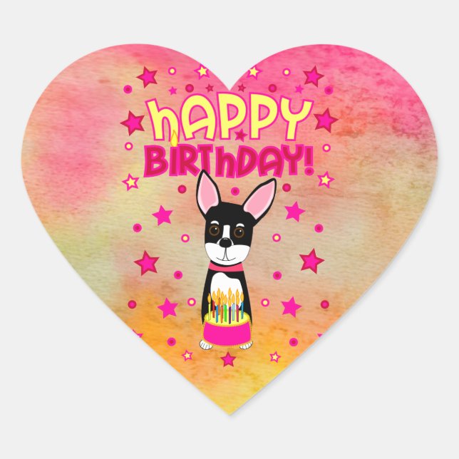 Chihuahua Happy Birthday Heart Shaped Stickers (Front)