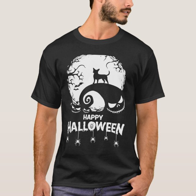 Chihuahua Happy Halloween Spooky Bats Moon Pumpkin T-Shirt (Front)