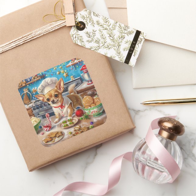 Chihuahua Holiday Baking: Festive Christmas Square Sticker (Gifting)