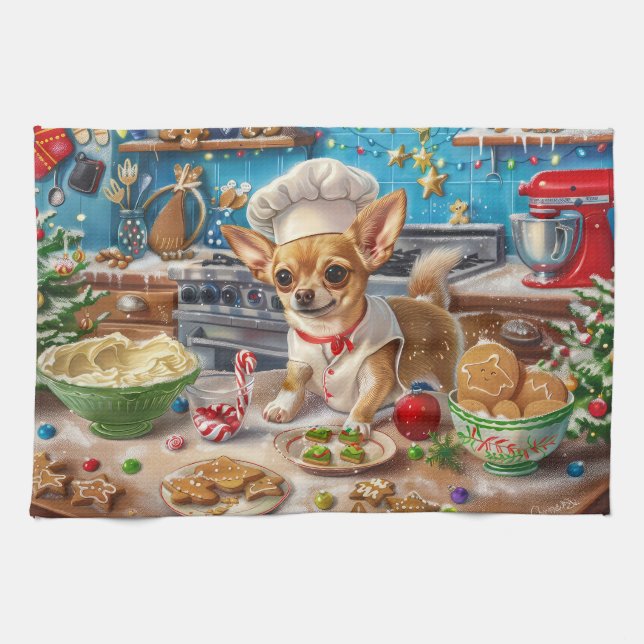 Chihuahua Holiday Baking: Festive Christmas Tea Towel (Horizontal)