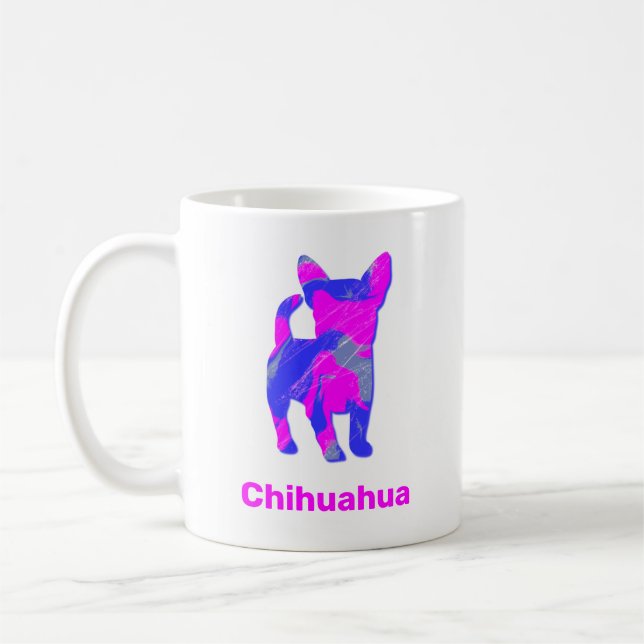 Chihuahua Hot Pink & Blue Silhouette Dog White Coffee Mug (Left)
