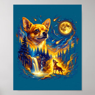 Chihuahua howling to the moon vintage dog art poster