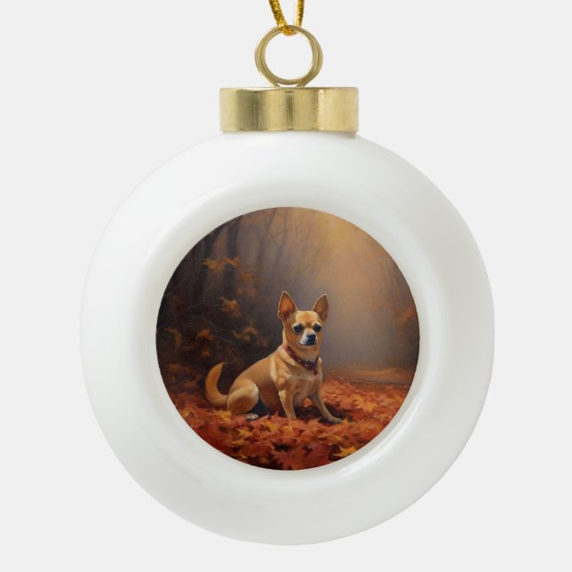 Chihuahua in Autumn Leaves Fall Inspire  Ceramic Ball Christmas Ornament (Front)