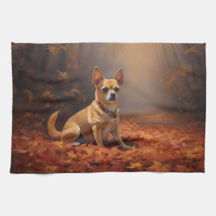 Chihuahua in Autumn Leaves Fall Inspire Tea Towel