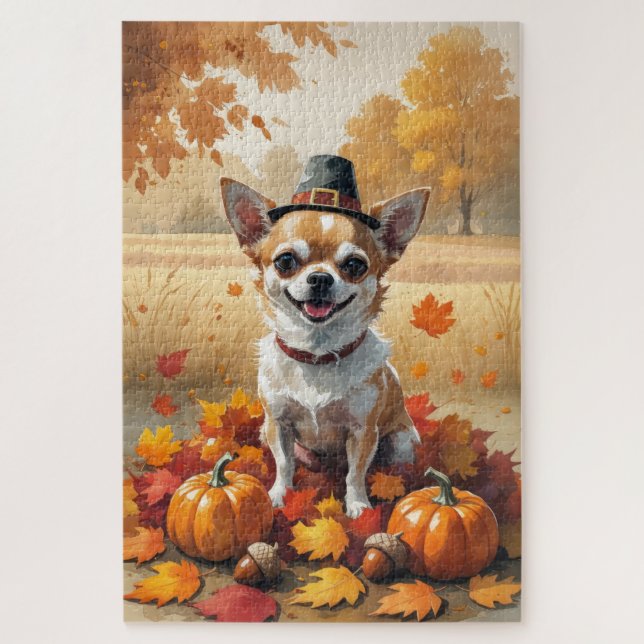 Chihuahua In Autumn Leaves Thanksgiving Art Jigsaw Puzzle (Vertical)