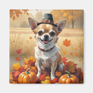 Chihuahua In Autumn Leaves Thanksgiving Art Magnet