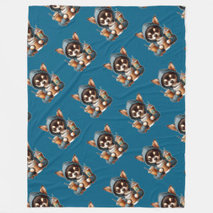 Chihuahua in Hooded Sweatshirt Holding Coffee Fleece Blanket