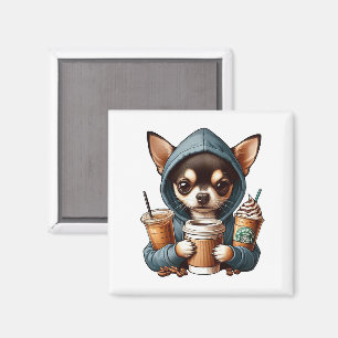 Chihuahua in Hooded Sweatshirt Holding Coffee  Magnet