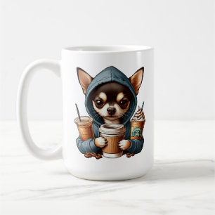 Chihuahua in Hooded Sweatshirt Holding Coffee Mug