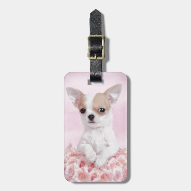 Chihuahua in pink with roses luggage tag (Front Vertical)