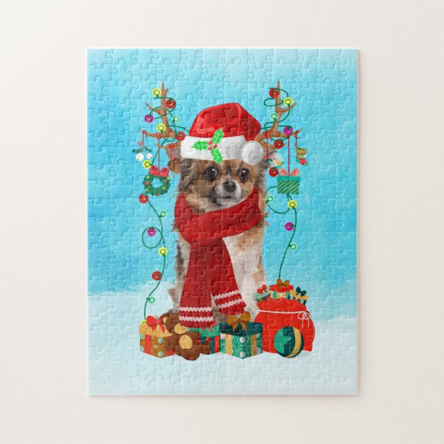 Chihuahua in snow with Christmas gifts  Jigsaw Puzzle (Vertical)