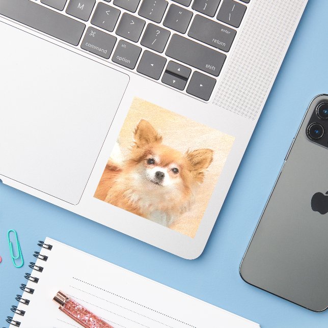 Chihuahua Long-Haired Dog Painting Original Art (Laptop w/ iPhone)