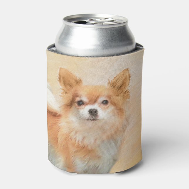 Chihuahua Long-Haired Dog Painting Original Art Can Cooler (Can Front)