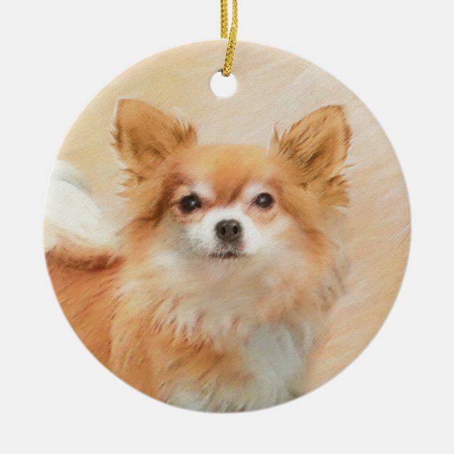 Chihuahua Long-Haired Dog Painting Original Art Ceramic Tree Decoration (Front)