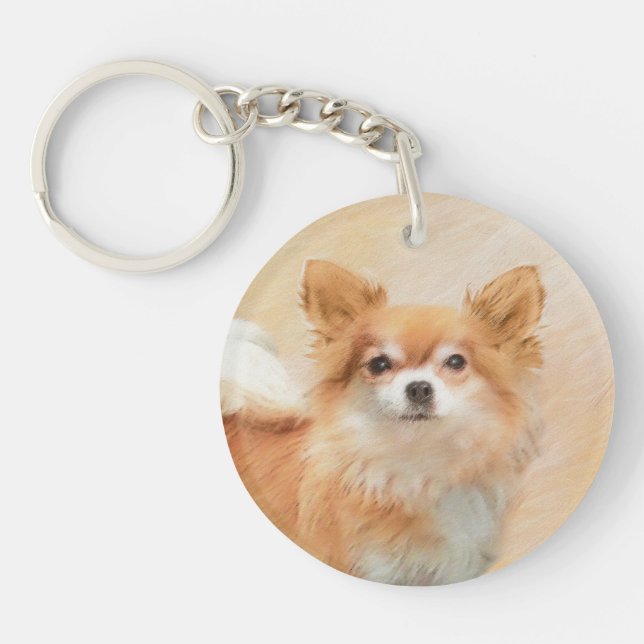 Chihuahua Long-Haired Dog Painting Original Art Key Ring (Front)