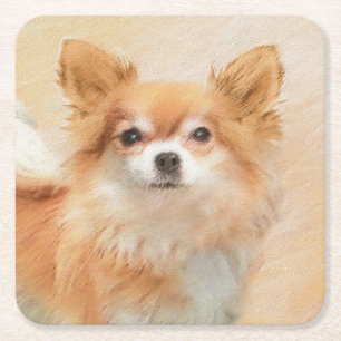 Chihuahua Long-Haired Dog Painting Original Art Square Paper Coaster