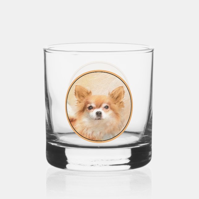 Chihuahua Long-Haired Dog Painting Original Art Whiskey Glass (Front)