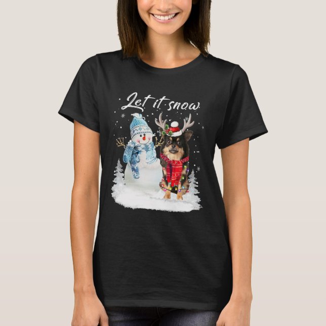 Chihuahua Long Haired Santa Dog Christmas Snowman  T-Shirt (Front)