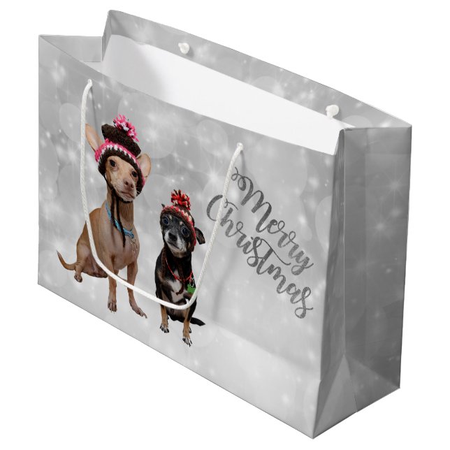 Chihuahua Merry Christmas Large Gift Bag (Front Angled)