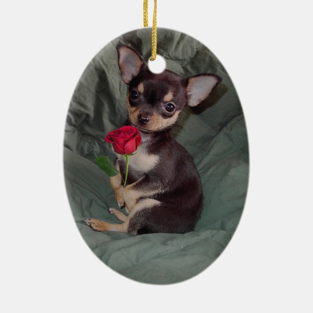 Chihuahua MerryRose Holding A Rose Ornament (Back)