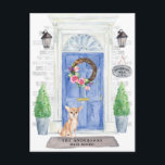 Chihuahua Moving Announcement Postcard<br><div class="desc">Announce your new address with our stylish announcement featuring a Chihuahua,  blue front door,  welcome mat,  slate sign,  topiaries and a floral wreath set on a grey brick background.</div>