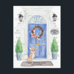 Chihuahua Moving Announcement Postcard<br><div class="desc">Announce your new address with our stylish announcement featuring a Chihuahua,  blue front door,  welcome mat,  slate sign,  topiaries and a floral wreath set on a grey brick background.</div>