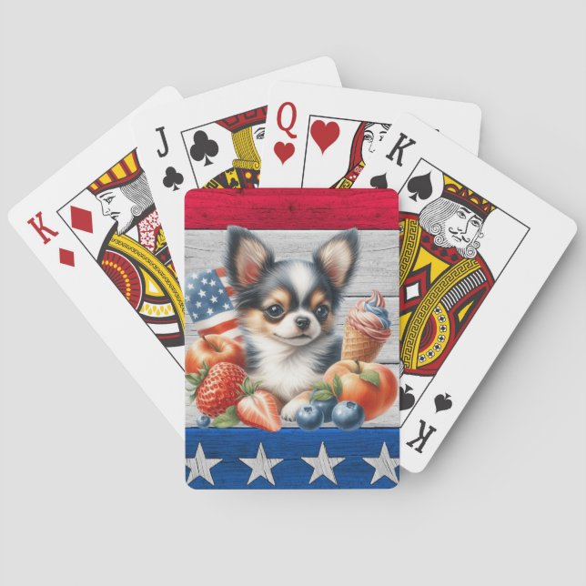 Chihuahua Patriotic Fruit USA Long Hair Chihuahua Playing Cards (Back)