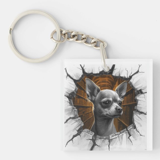 Chihuahua Peers Through A Grey Wooden Wall Key Ring (Front)