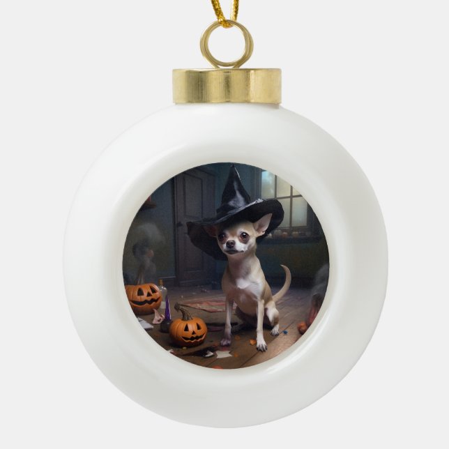 Chihuahua Pumpkins Halloween Scary Ceramic Ball Christmas Ornament (Front)