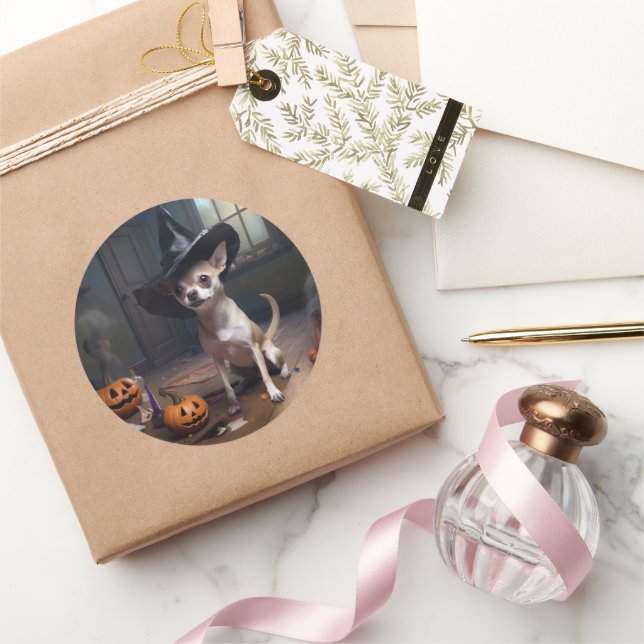 Chihuahua Pumpkins Halloween Scary Classic Round Sticker (Gifting)