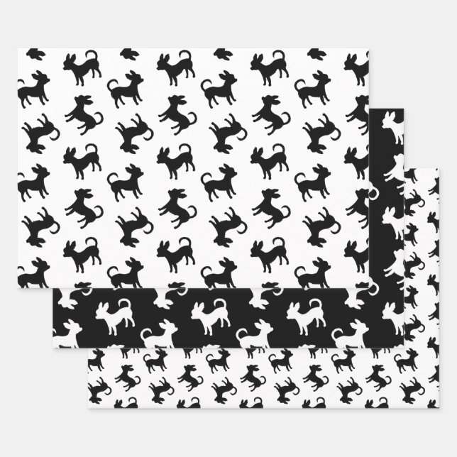 Chihuahua Puppies Classic Black and White Pattern Wrapping Paper Sheet (Set)