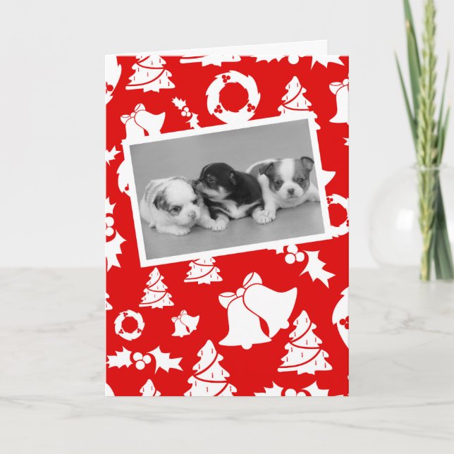 Chihuahua Puppies Merry Christmas Tree Wreath Bell Holiday Card (Front)