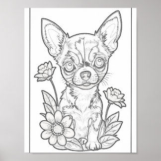 Chihuahua Puppy And Flowers Colouring Page Poster