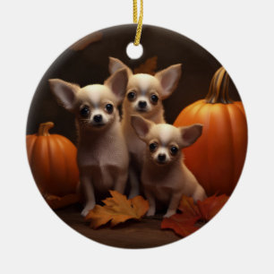 Chihuahua Puppy Autumn Delight Pumpkin  Ceramic Tree Decoration